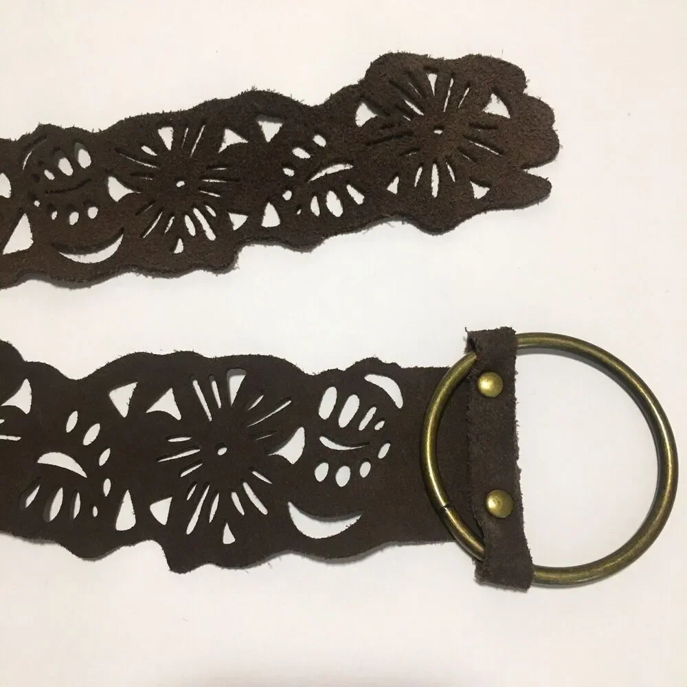 Prana Cut out Leather Belt Womens S/M Brown Suede Brass Ring Buckle